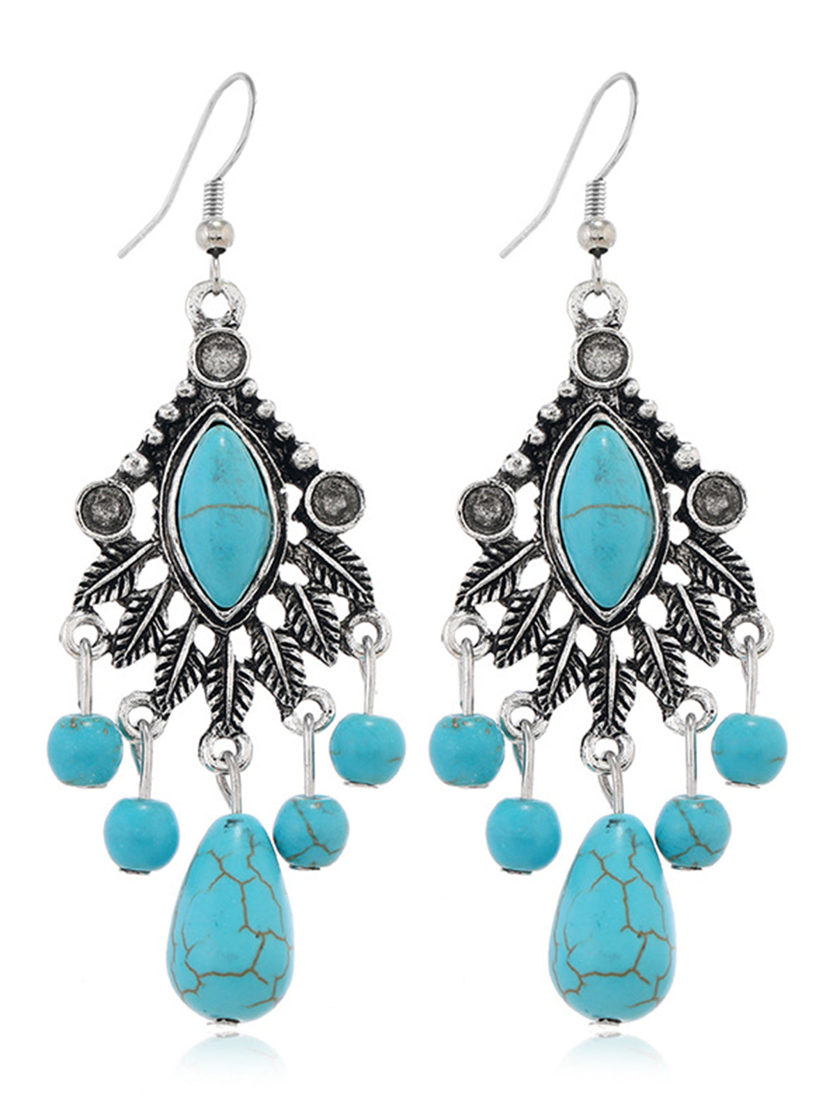 Bohemian Teardrop Shape Turquoise Tassel Alloy Drop Earrings
