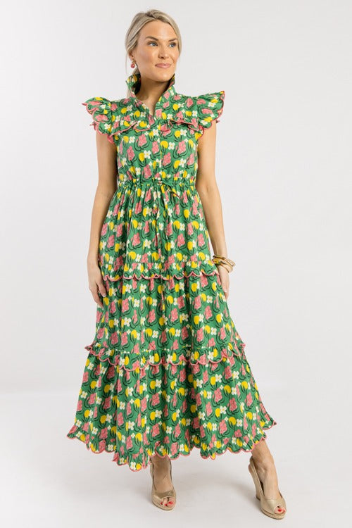 Scallop Trim Floral Maxi, Green