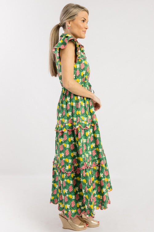 Scallop Trim Floral Maxi, Green