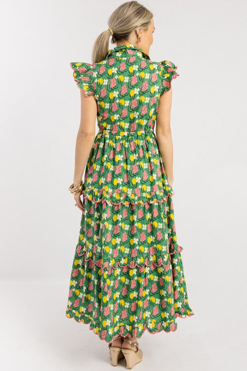 Scallop Trim Floral Maxi, Green