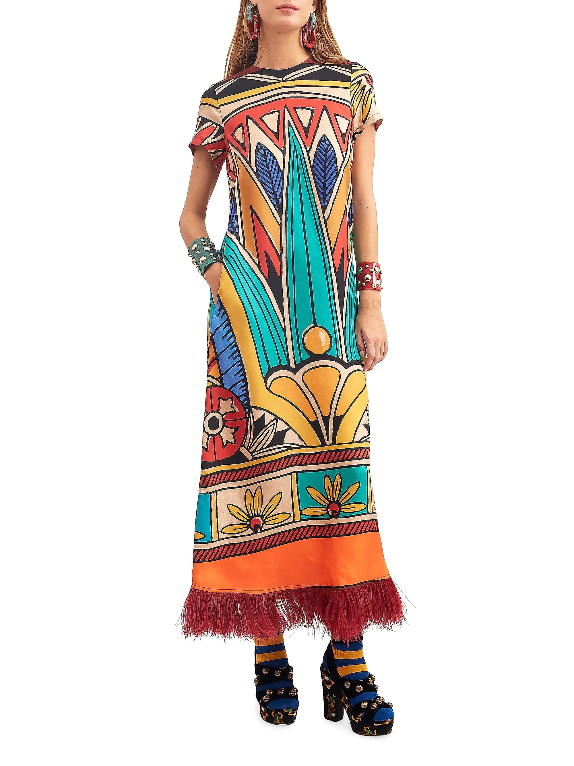 Feather Trimmed Maxi Dress