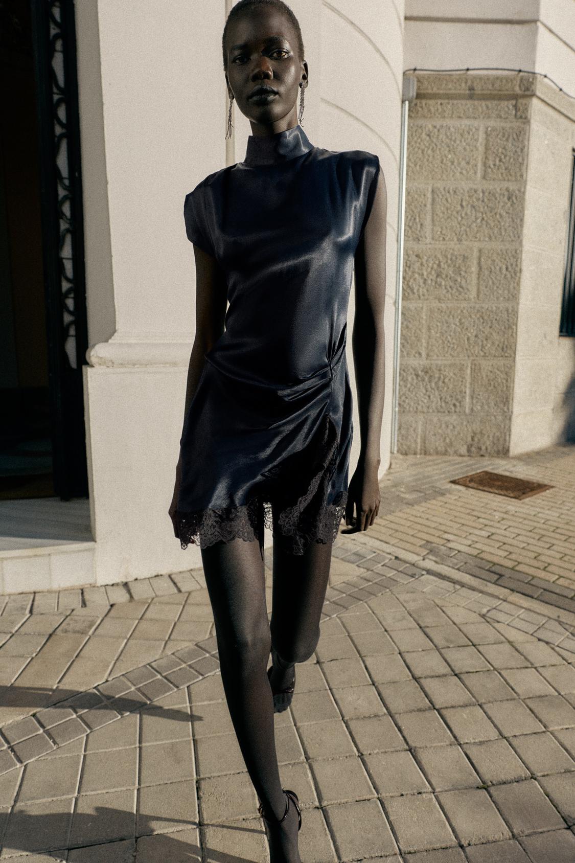 Mini Satin Dress With Lace Details