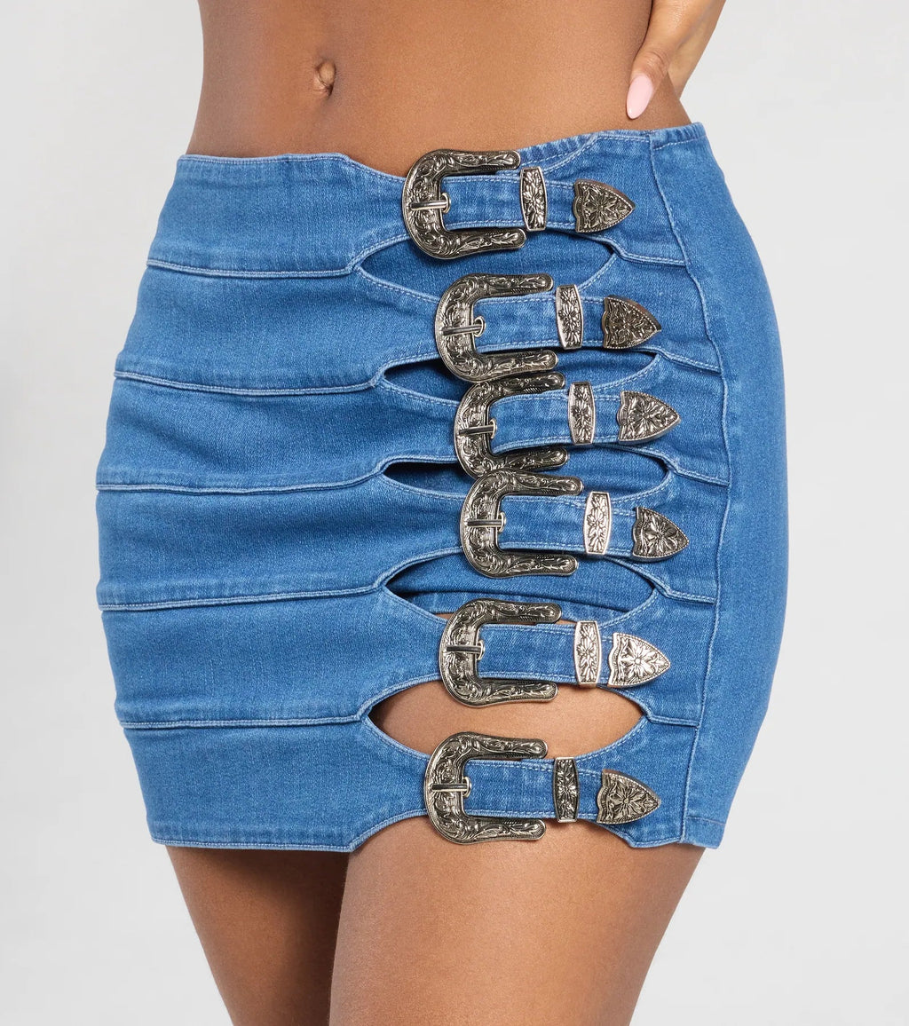 Buckle Down High-Rise Denim Skort