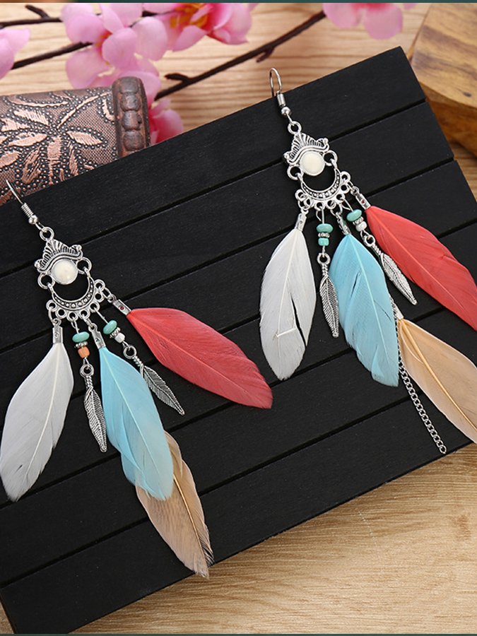 Vintage Fringe Colorblock Feather Earrings