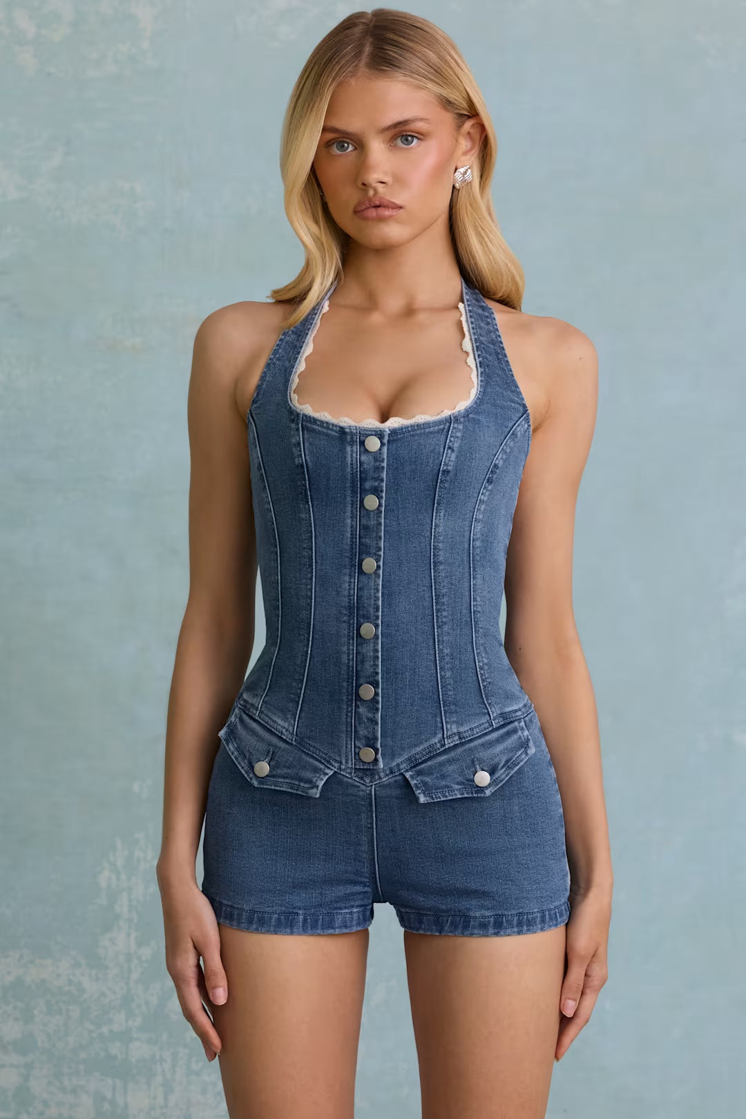 Button-Down Halterneck Playsuit in Mid-Blue