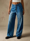 Wide Leg Denim Jeans With Side Button Detail