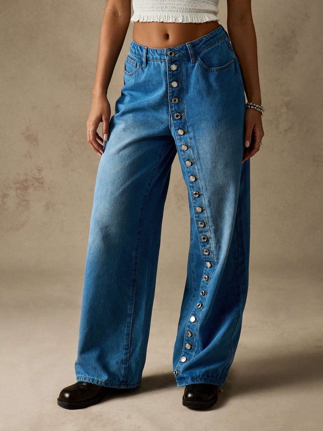 Wide Leg Denim Jeans With Side Button Detail