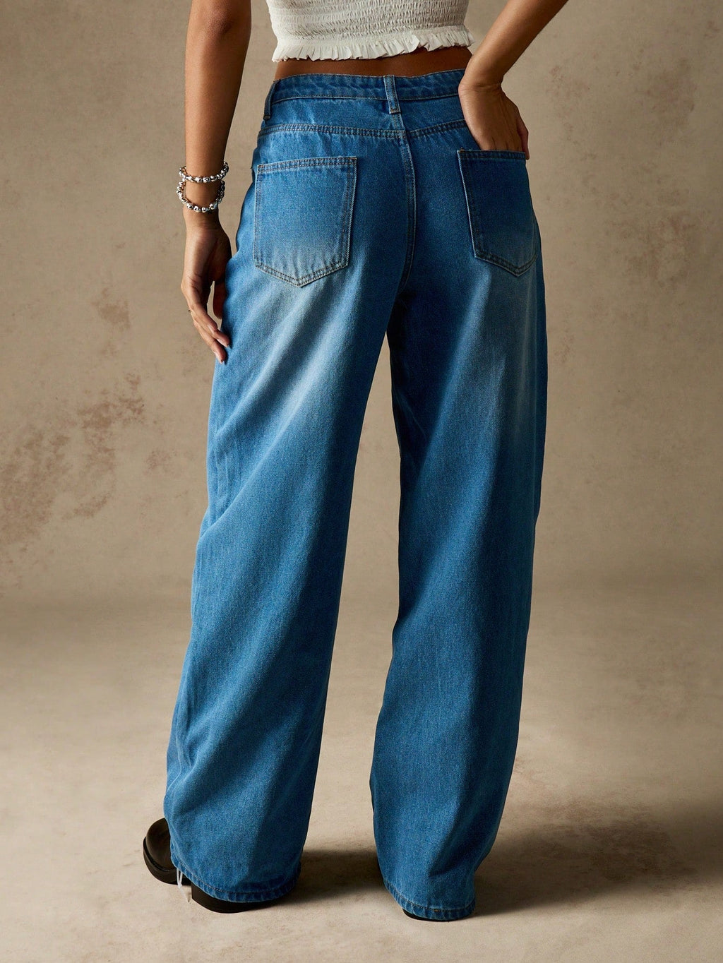 Wide Leg Denim Jeans With Side Button Detail