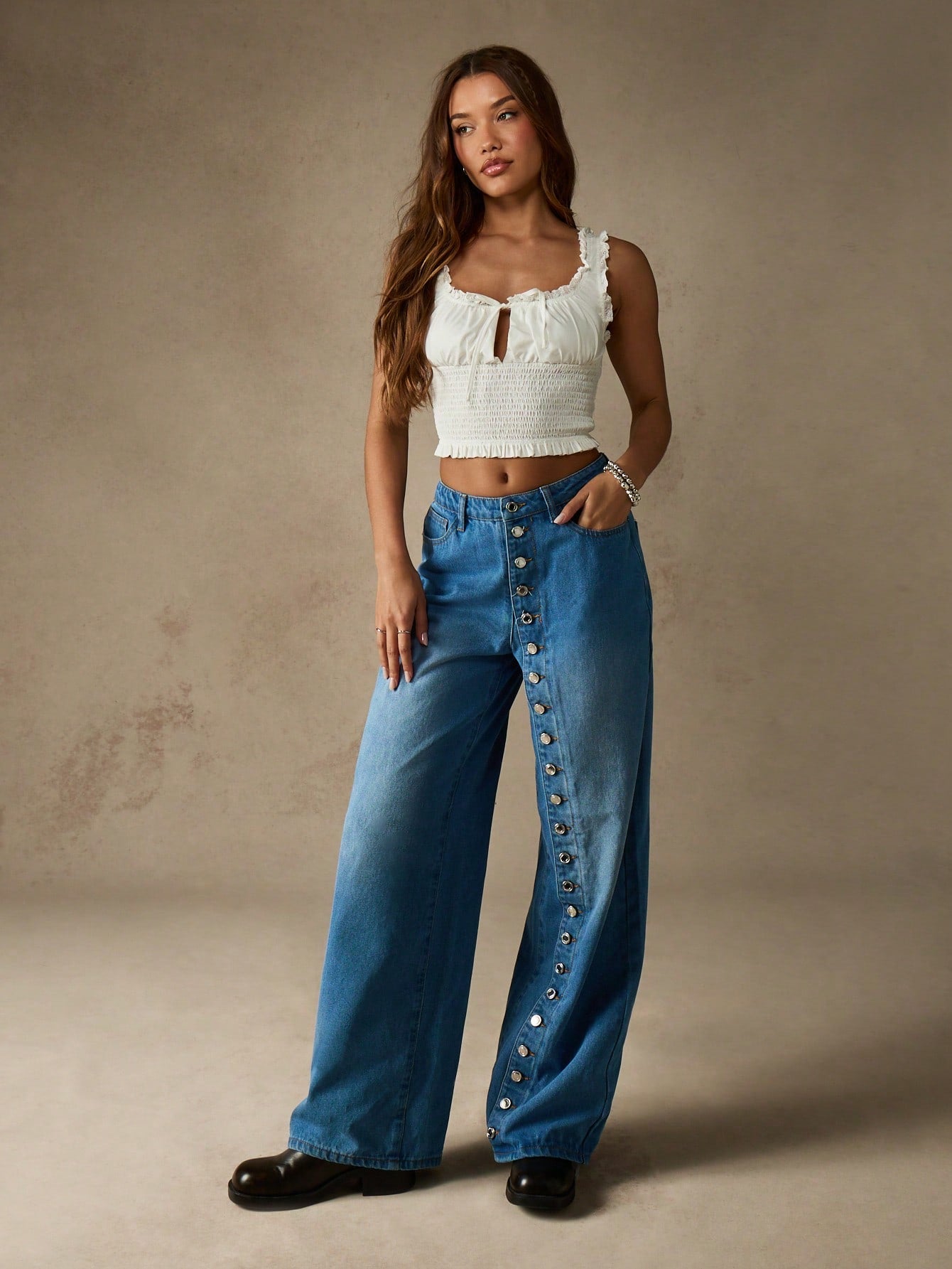 Wide Leg Denim Jeans With Side Button Detail