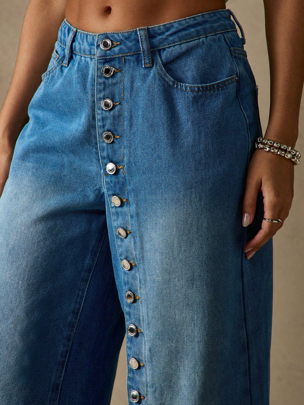 Wide Leg Denim Jeans With Side Button Detail