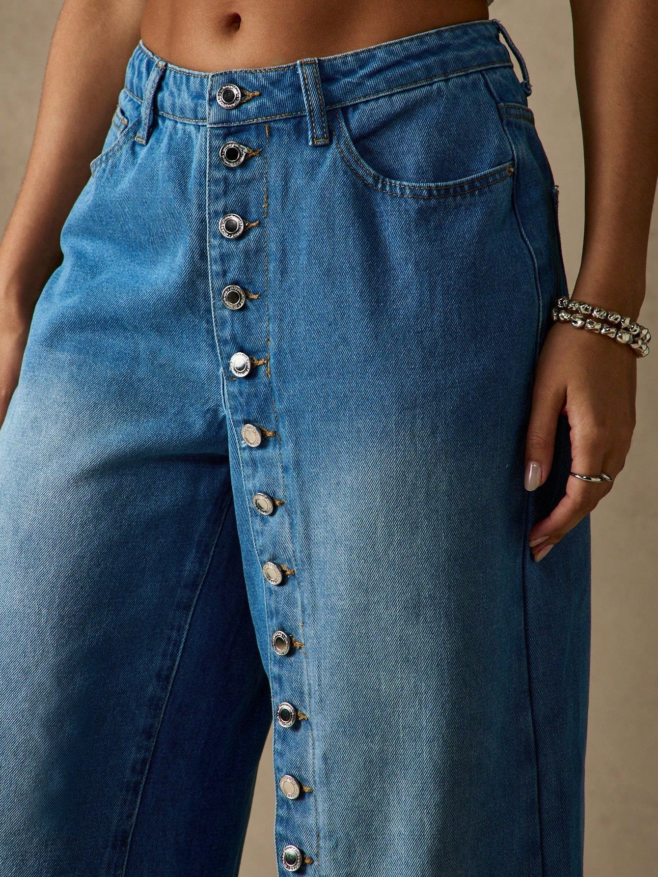 Wide Leg Denim Jeans With Side Button Detail