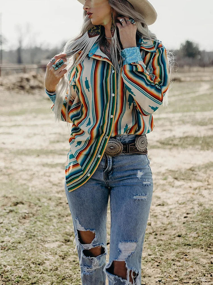 Womens Southwest Pearl Snap  Blouse