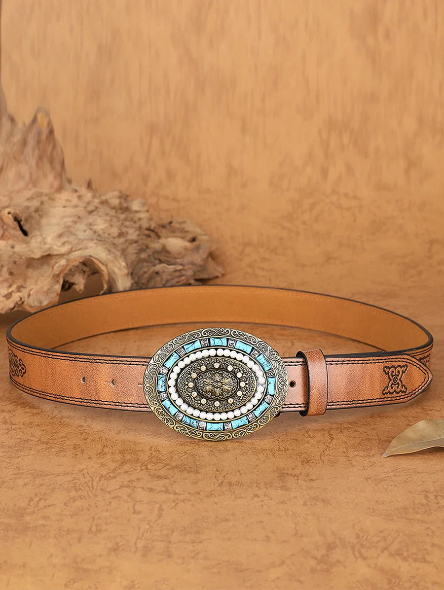 Retro Rust Brown Gemstone Pearl Decor Belt