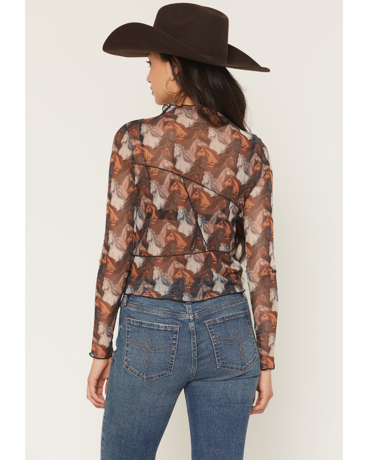 Women's Horse Print Long Sleeve Mesh Top