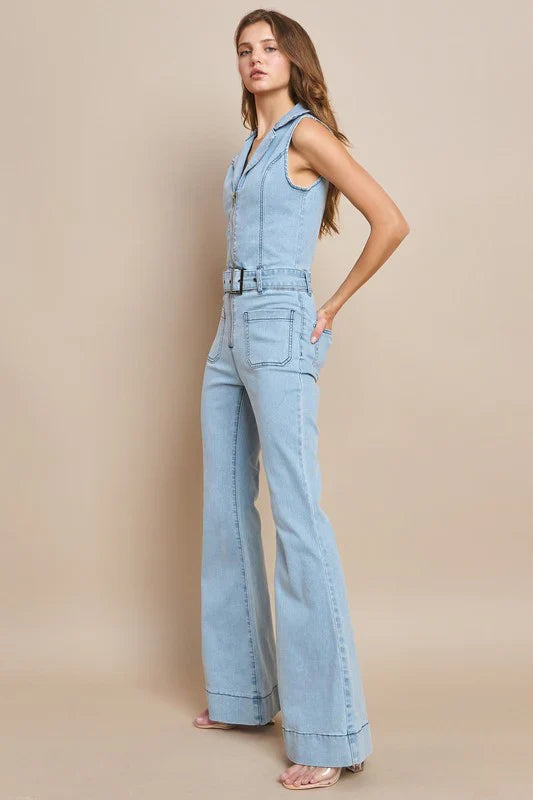 Light Denim Sleeveless Belted Long Denim Jumpsuit