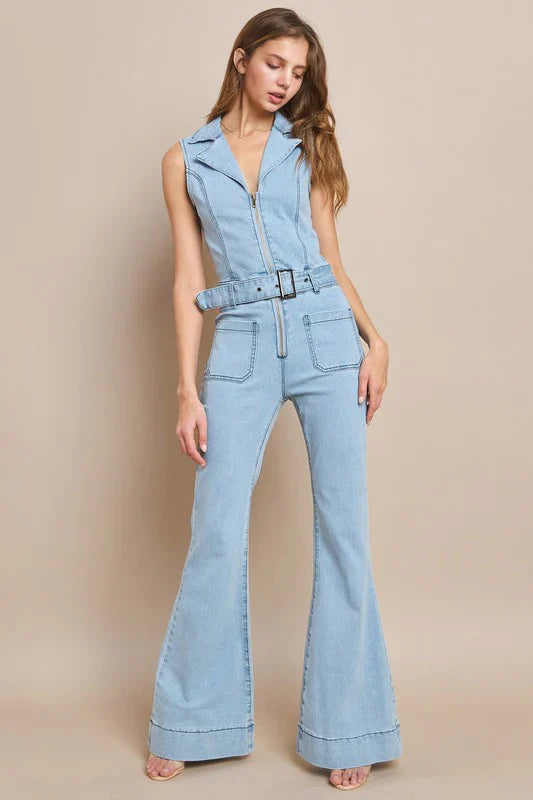 Light Denim Sleeveless Belted Long Denim Jumpsuit