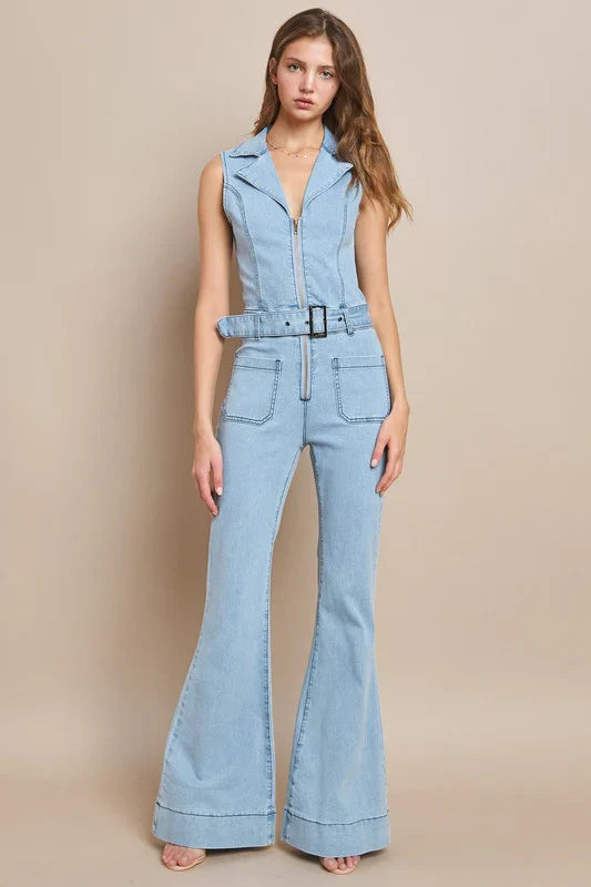 Light Denim Sleeveless Belted Long Denim Jumpsuit