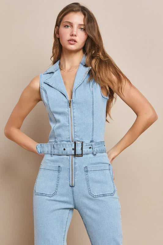 Light Denim Sleeveless Belted Long Denim Jumpsuit