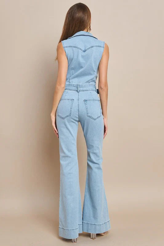 Light Denim Sleeveless Belted Long Denim Jumpsuit