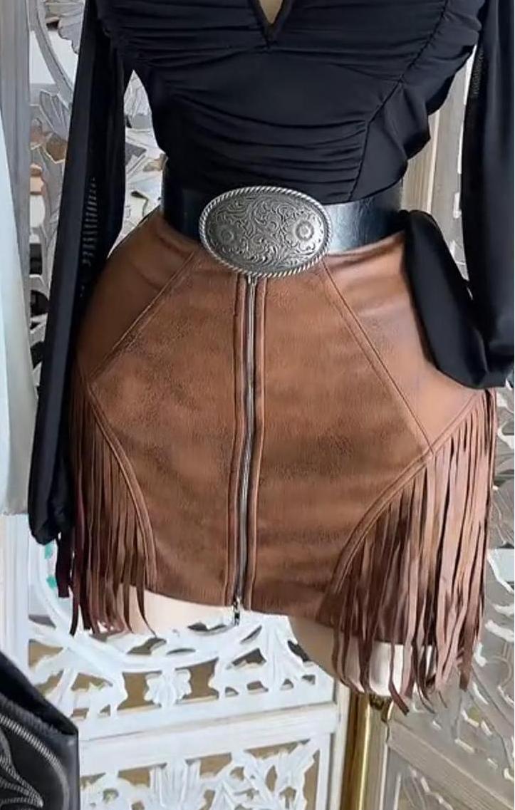 Vintage Fringe Hem Suede Zipper Skirt