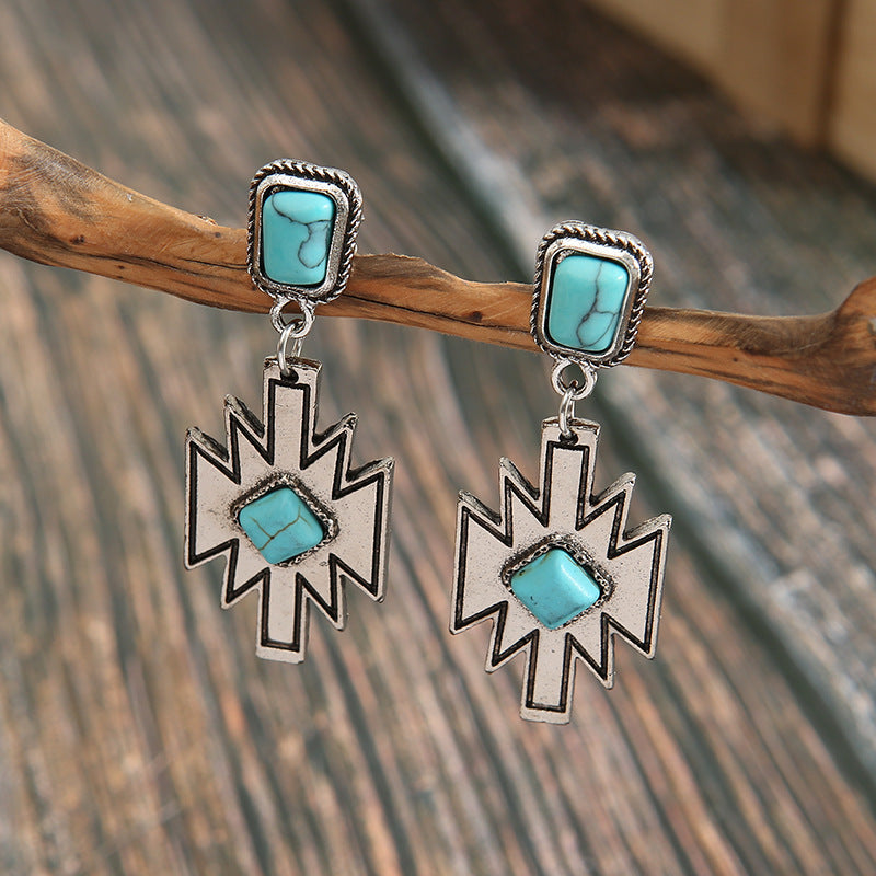 Vintage Ethnic Inlaid Diamond Turquoise Stud Earrings