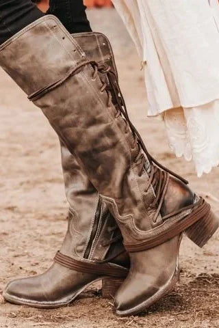 Vintage Lace Up Chunky Heel Cross Strap High Boots