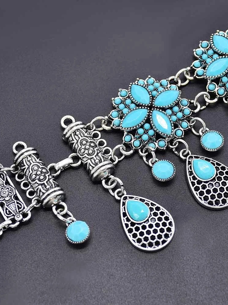 Turquoise Fringe Floral Carved Column Belt