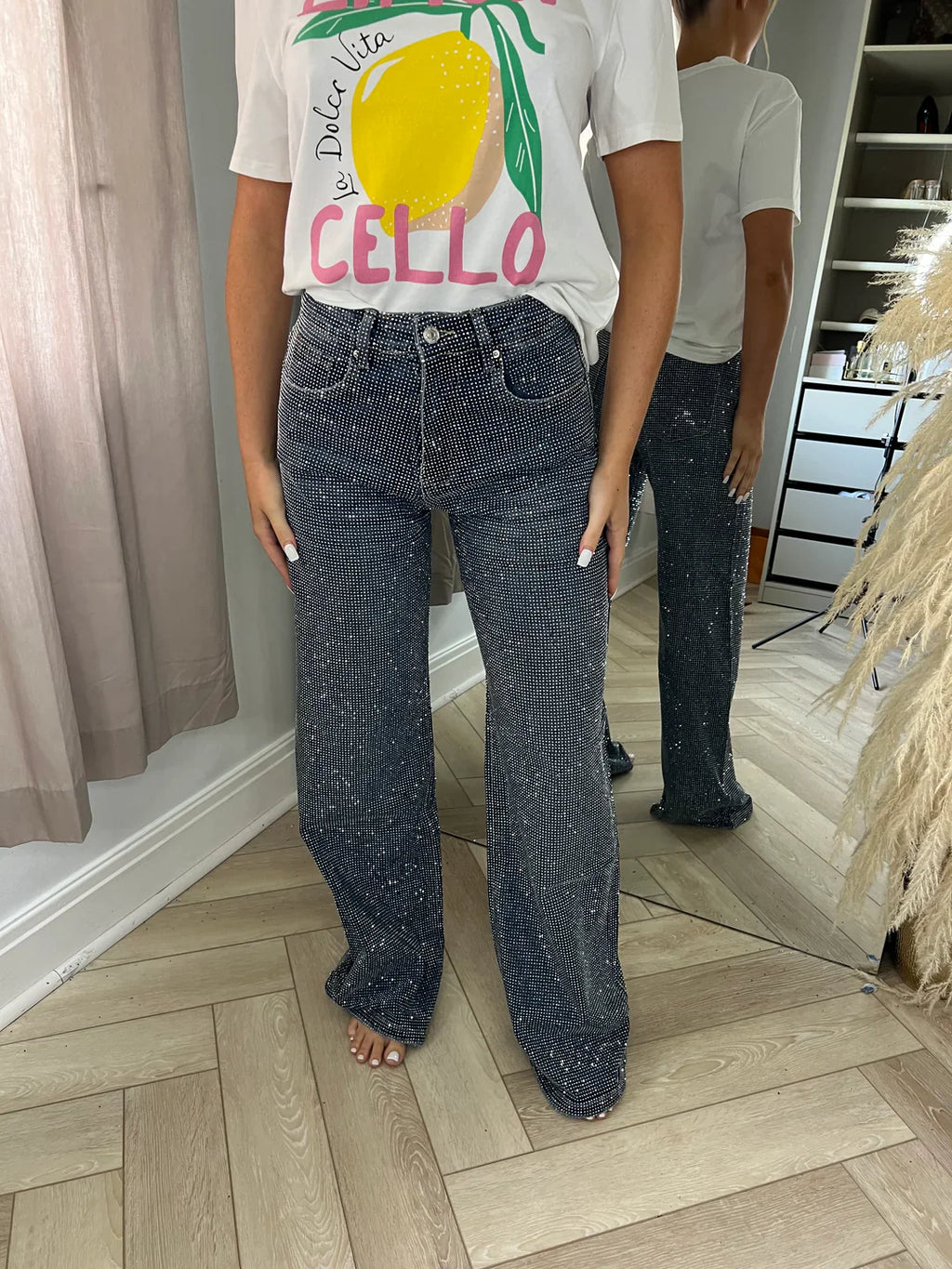 Dark Blue Diamanté Wide Leg Sparkle Covered Jeans