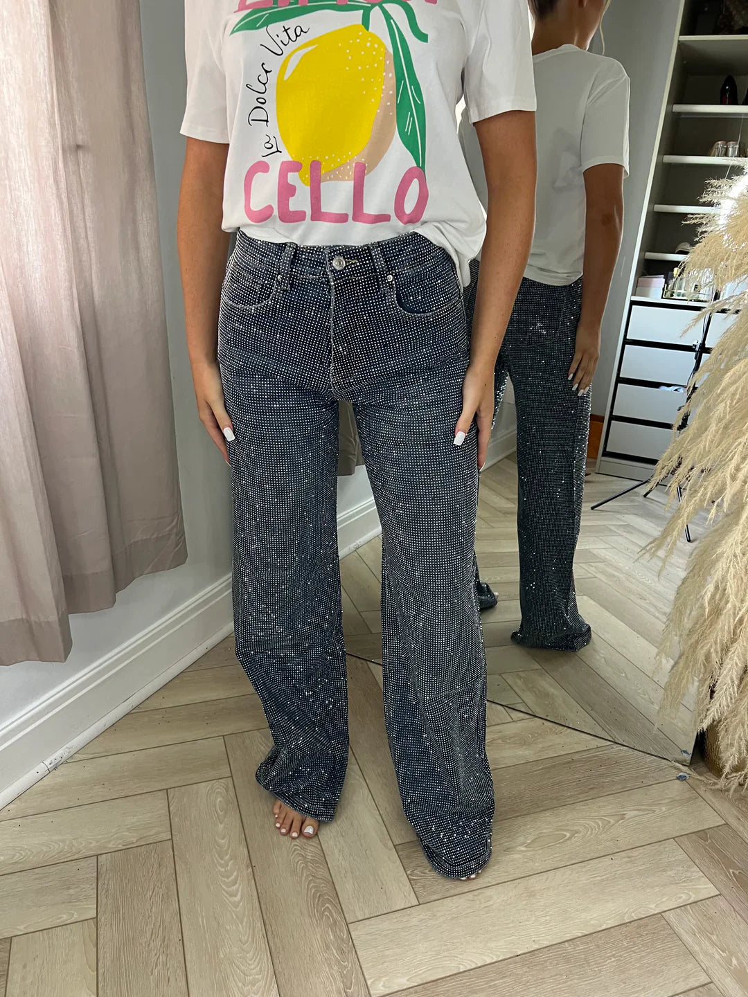 Dark Blue Diamanté Wide Leg Sparkle Covered Jeans