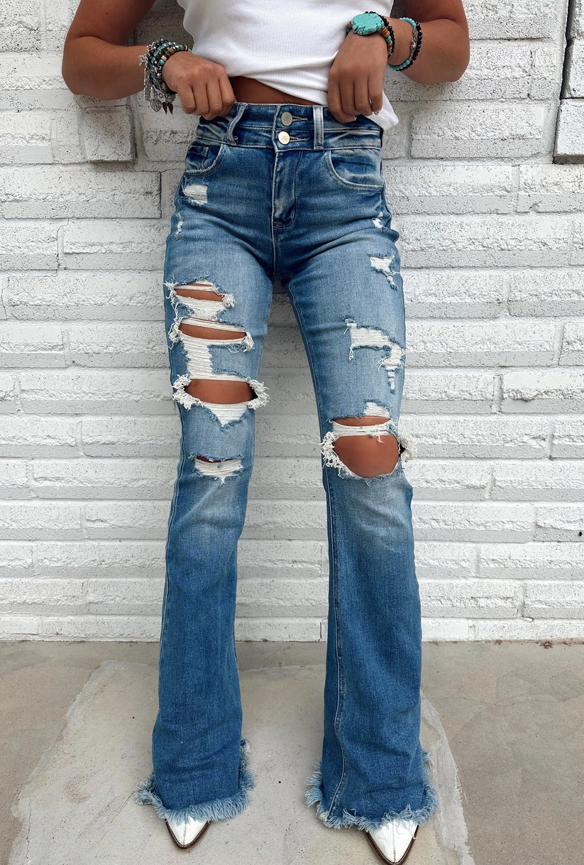 LIGHT WASH Distressed Denim Flare Jeans