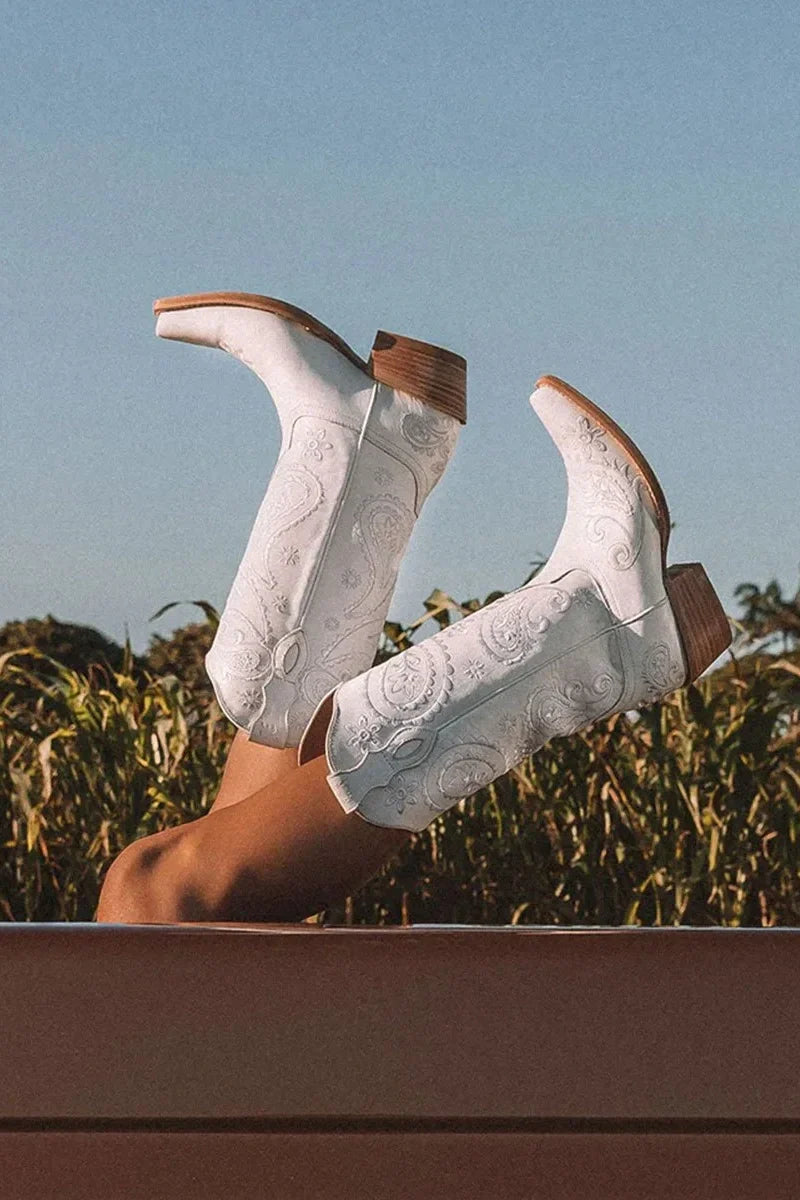 Women's Pointed Toe Chunky Heel Embroidered High Cowboy Boots