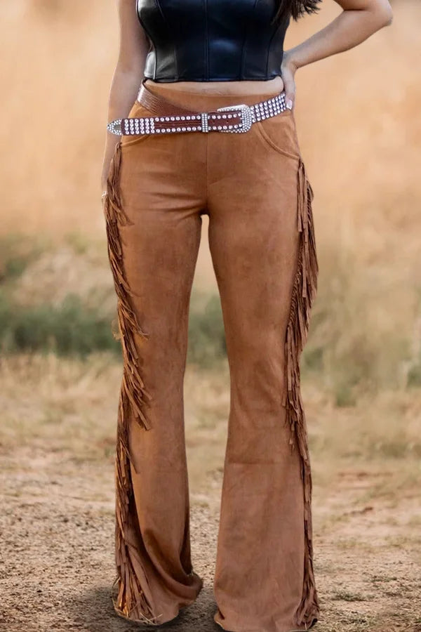 Suede Fringe Pants - Camel