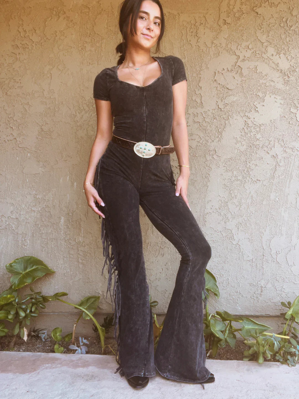 Cowgirl Fringe Jumpsuit-Charcoal
