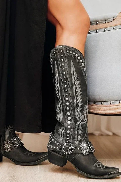 Western Style Stud Embroidered Boots