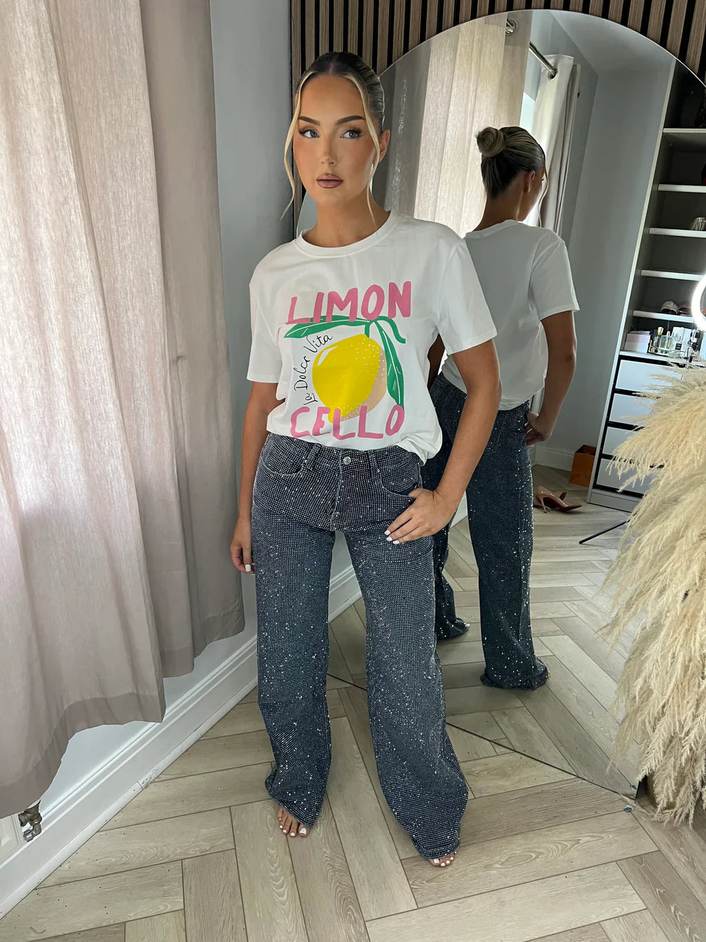 Dark Blue Diamanté Wide Leg Sparkle Covered Jeans