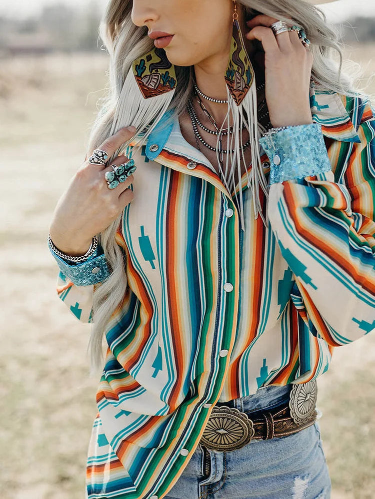 Womens Southwest Pearl Snap  Blouse