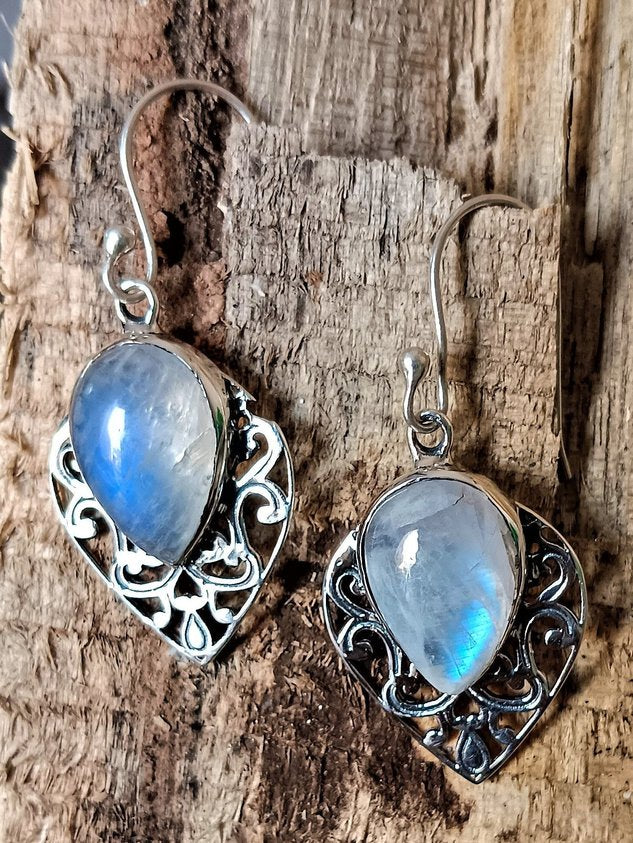 Vintage Natural Moonstone Opal Ethnic Pattern Earrings