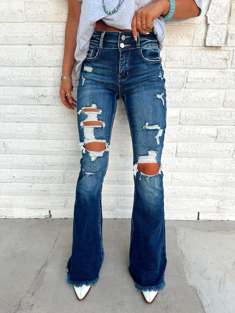 DARK WASH Distressed Denim Flare Jeans