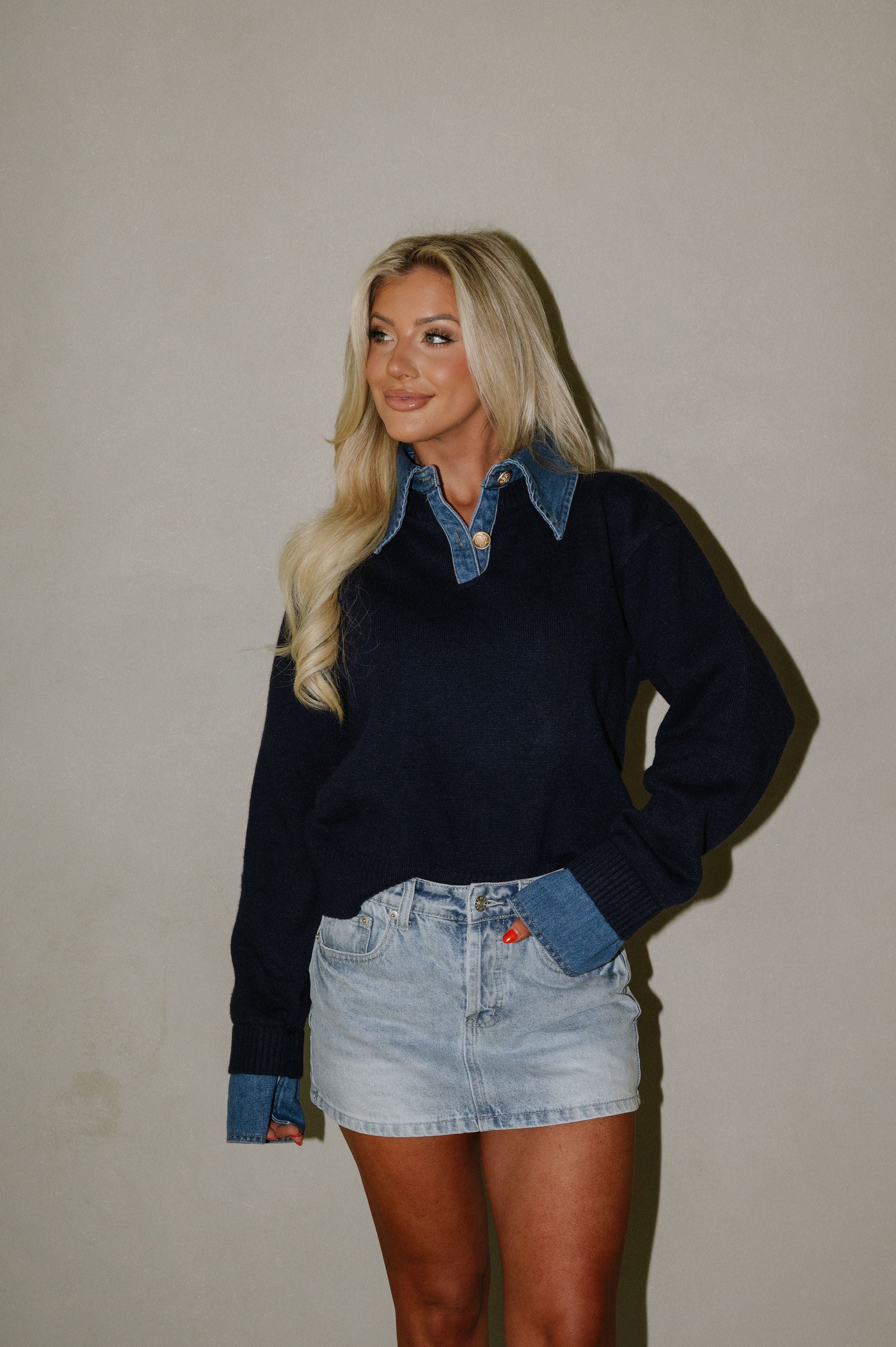 Denim Knit Top-Navy