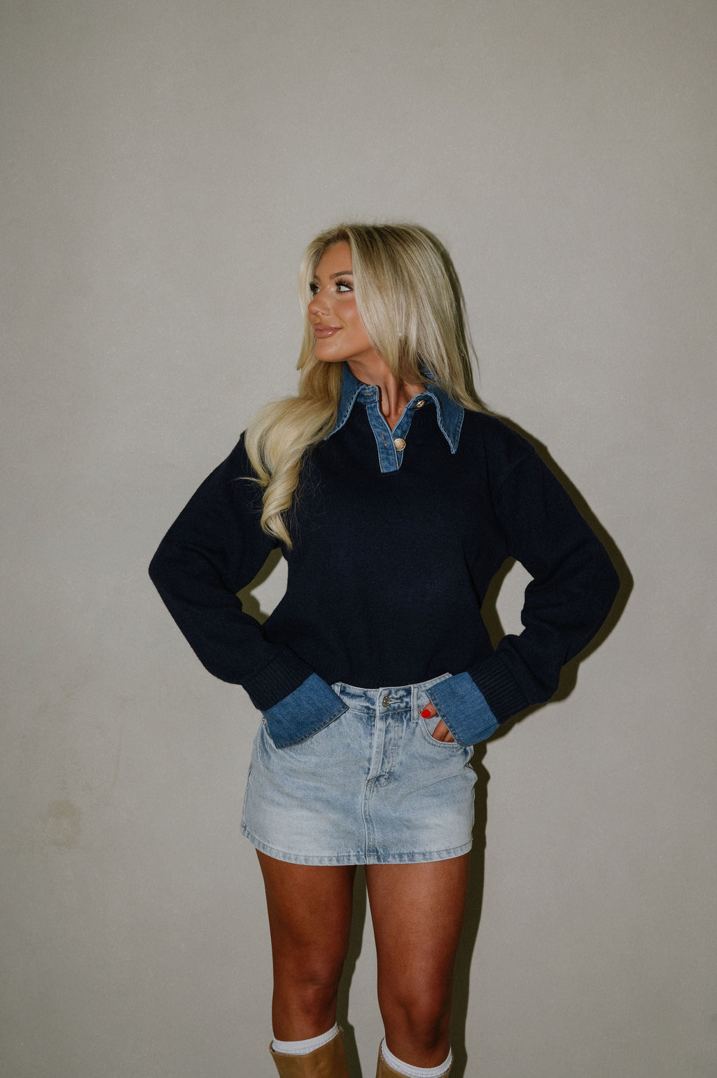 Denim Knit Top-Navy