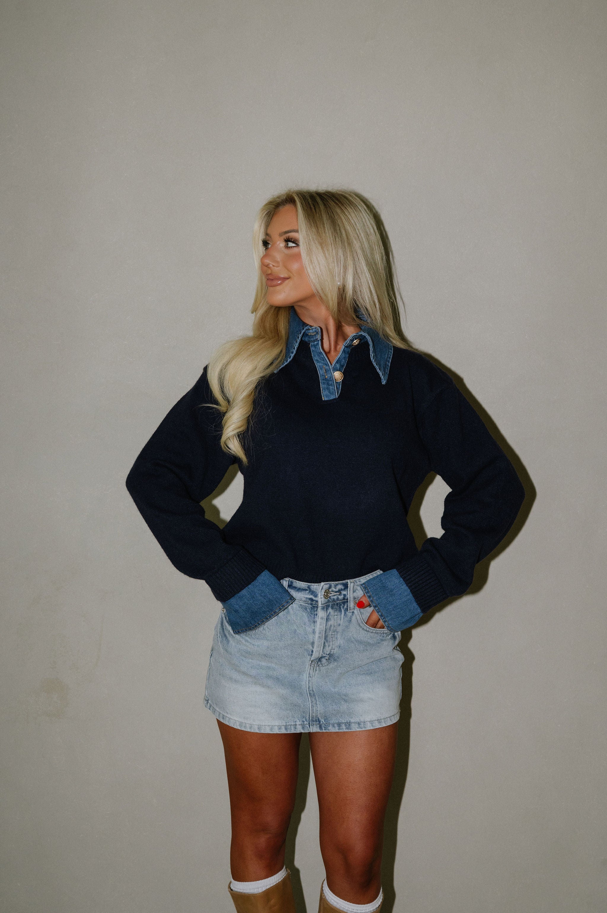 Denim Knit Top-Navy