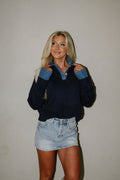 Denim Knit Top-Navy
