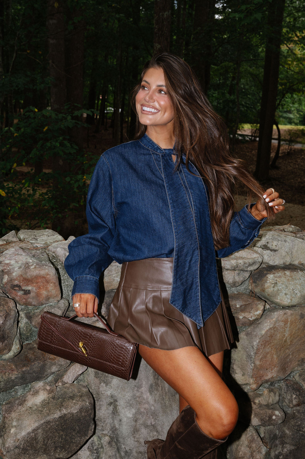 Bow Tie Detail Washed Denim Top