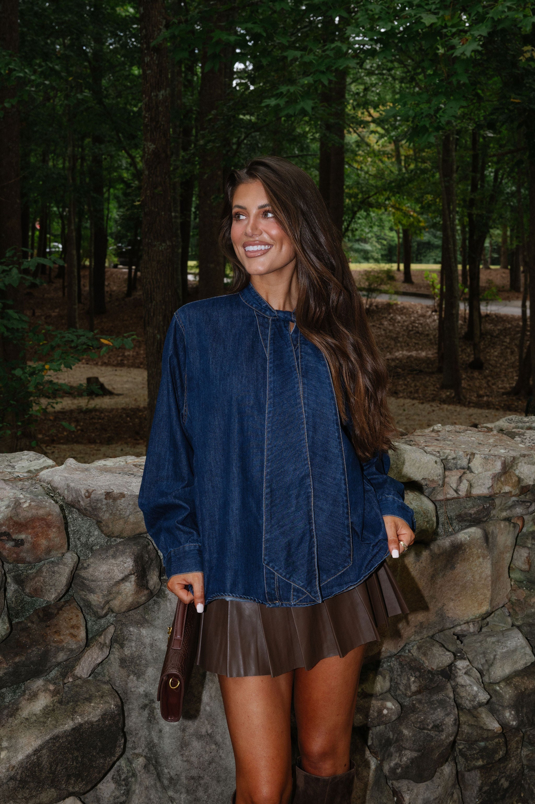 Bow Tie Detail Washed Denim Top