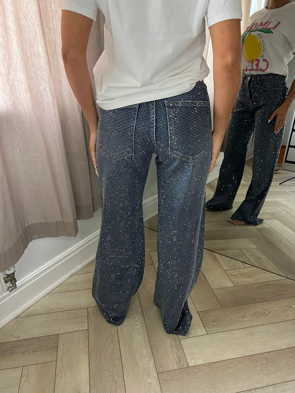 Dark Blue Diamanté Wide Leg Sparkle Covered Jeans