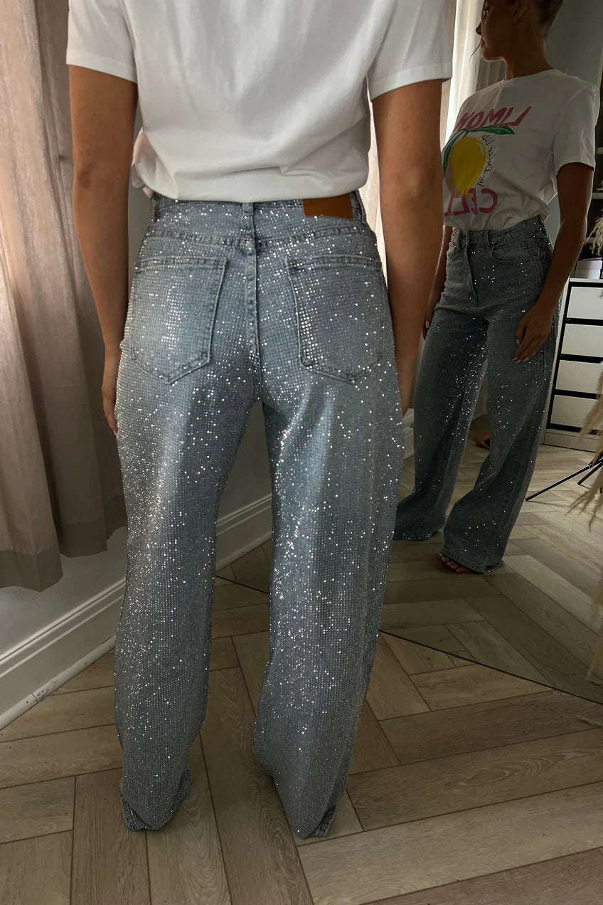 Full Diamanté Blue Wide Leg Sparkle Covered Jeans
