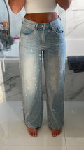 Full Diamanté Blue Wide Leg Sparkle Covered Jeans