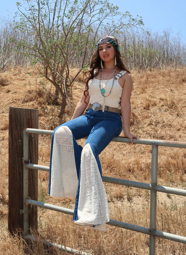 Free Spirit Lace Cut Bell Bottom Jeans