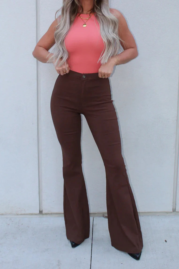 High Waisted Bell Bottom Flare Jeans - Chocolate Brown