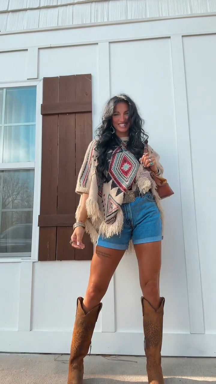 Boho Patterned Fringe Poncho